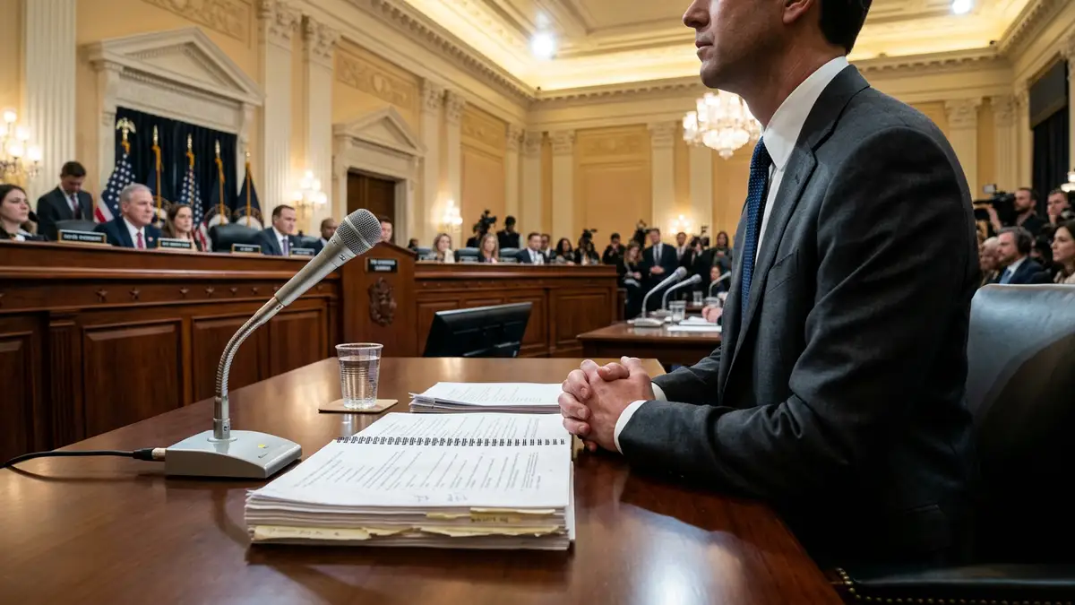 A witness table with a microphone and legal documents in a congressional hearing room.