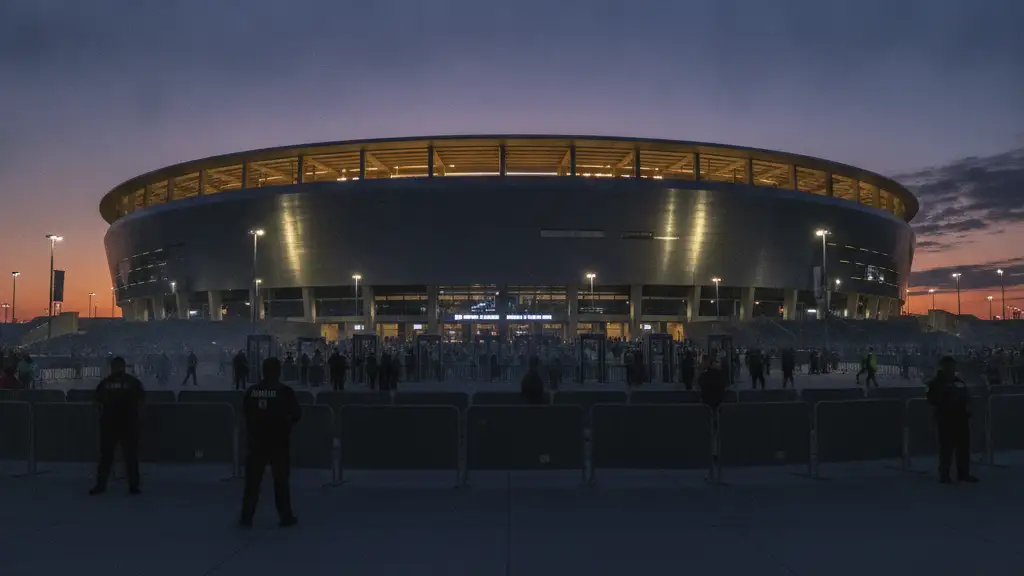 Exterior of a large, modern sports stadium at dusk with subtle security presence.