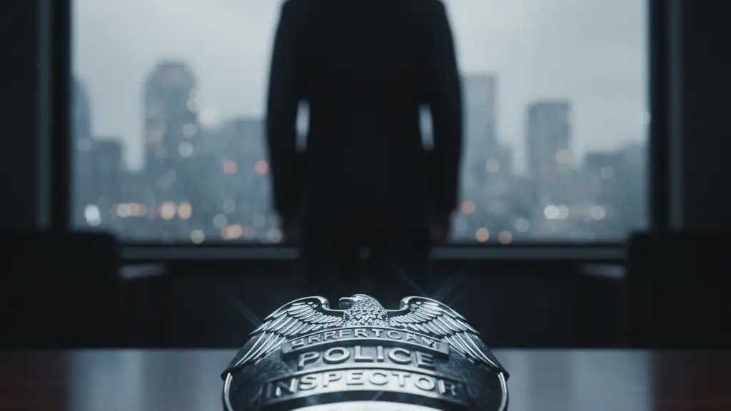 A silver police badge on a desk with a blurred silhouette in the background.