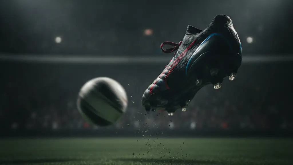 A close-up of a football boot about to kick a blurred football.