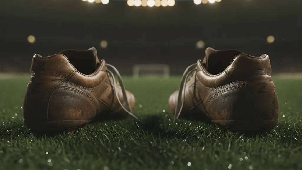 A pair of iconic football boots resting on a stadium pitch under dramatic lighting.