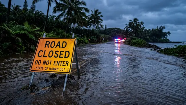 A yellow road closed sign partially submerged in floodwater with emergency lights reflecting nearby.