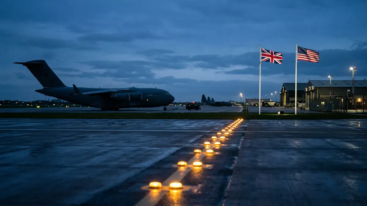 British and American flags fly together at a military airfield during twilight.