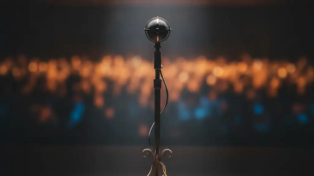 Ornate microphone stand under spotlight on an empty, dark stage.