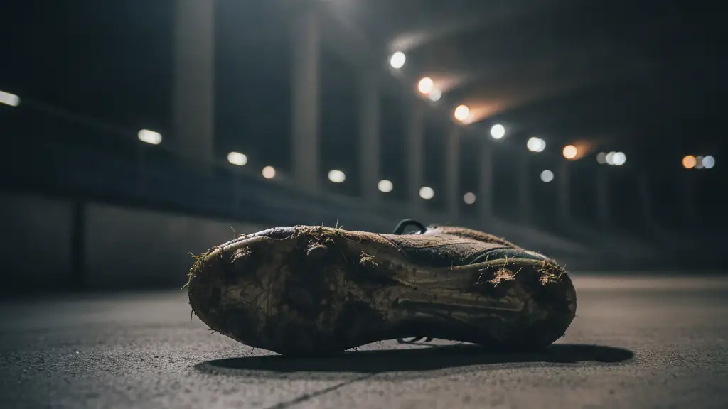 A muddy football boot on a concrete floor in a dimly lit stadium tunnel.