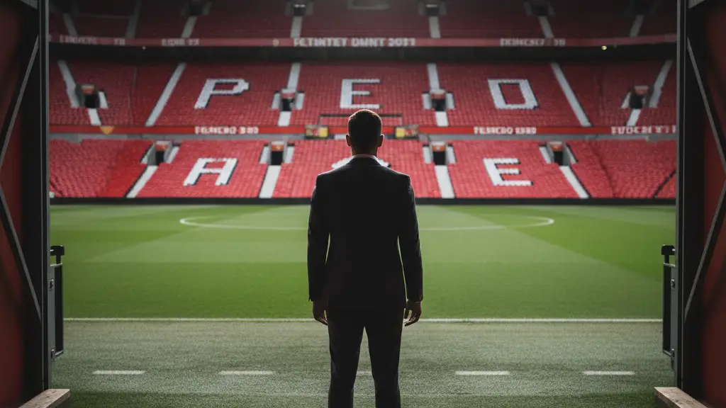 A silhouette of a manager in a suit looking out at a football pitch.