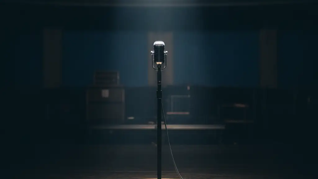A lone vintage microphone stand under a single spotlight on an empty, dark stage.