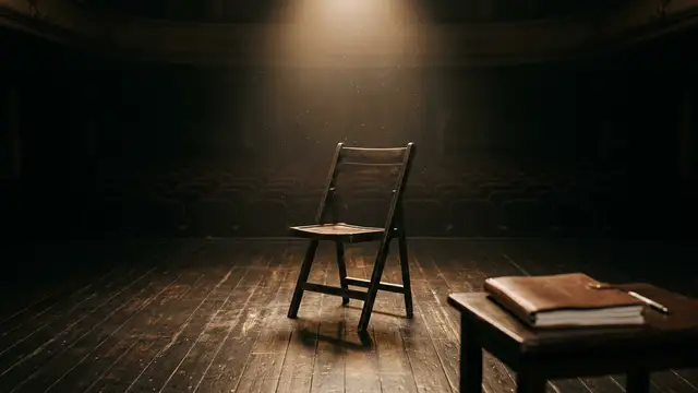 An empty wooden chair on a dark theater stage under a single warm spotlight.