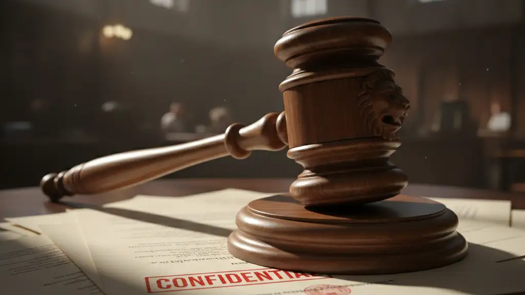 A heavy wooden gavel rests on confidential documents, symbolizing legal action and tariffs.