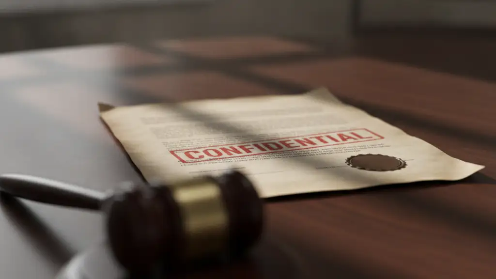 Confidential document and blurred gavel on a dark desk, dramatic lighting.