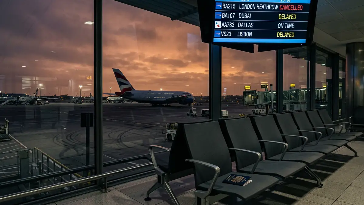 A British passport rests on an empty airport seat overlooking a grounded airplane at sunset.