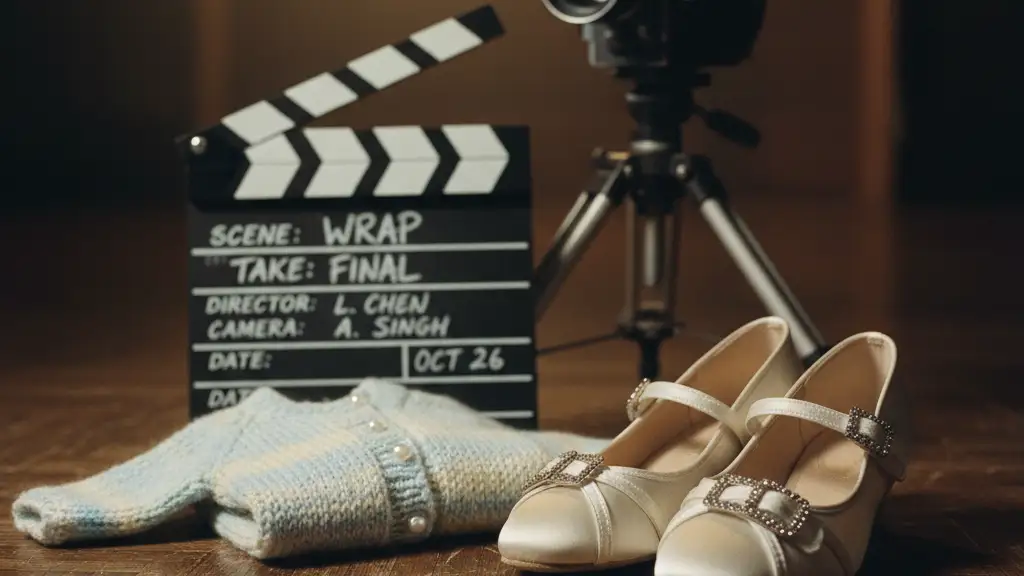Ballroom dance shoes and a small blue baby sweater on a wooden stage floor.