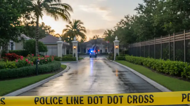 Police tape and blurred emergency lights at the perimeter of a luxury estate at dawn.