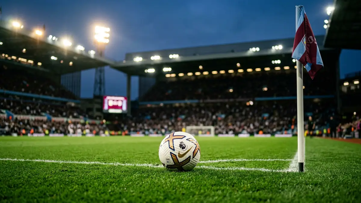 A soccer ball on a green pitch with a blurred stadium background and corner flag.