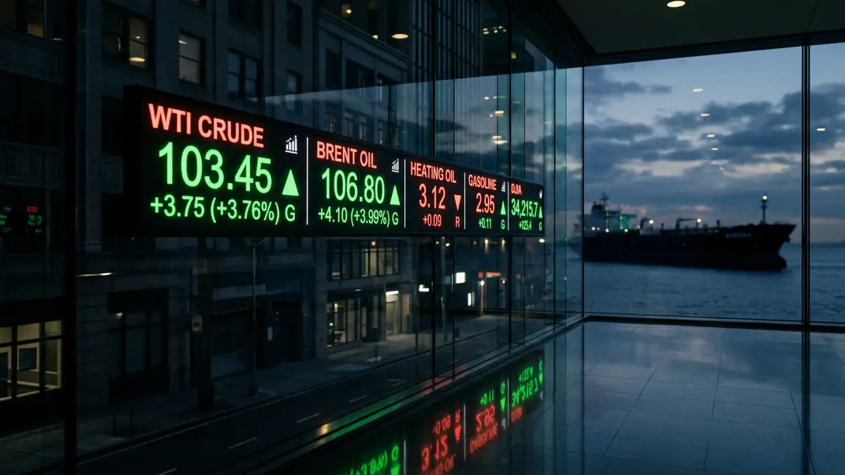 A digital stock ticker showing oil prices over 100 dollars against a dark sea silhouette.