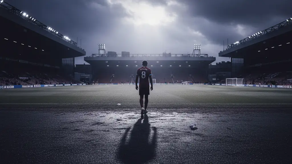 Footballer silhouette walks away from empty pitch, police tape in foreground.