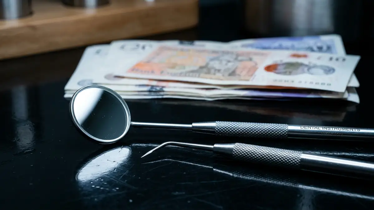 Close-up of dental tools resting on a dark surface next to blurred British currency.