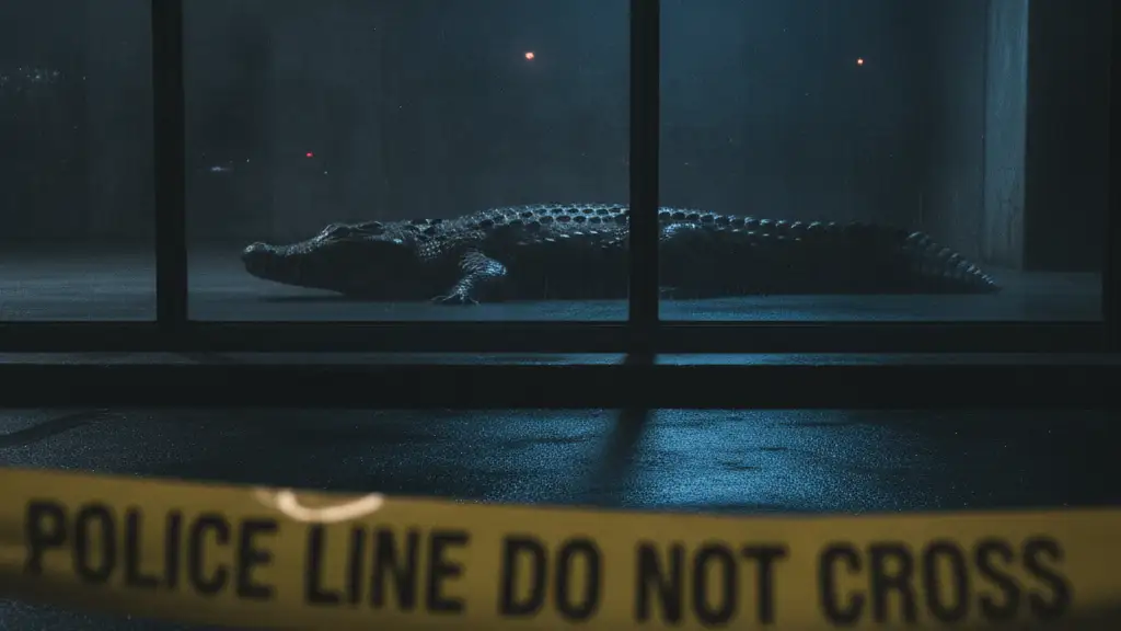 Police tape in foreground, blurred crocodile silhouette in background, emergency light reflection.