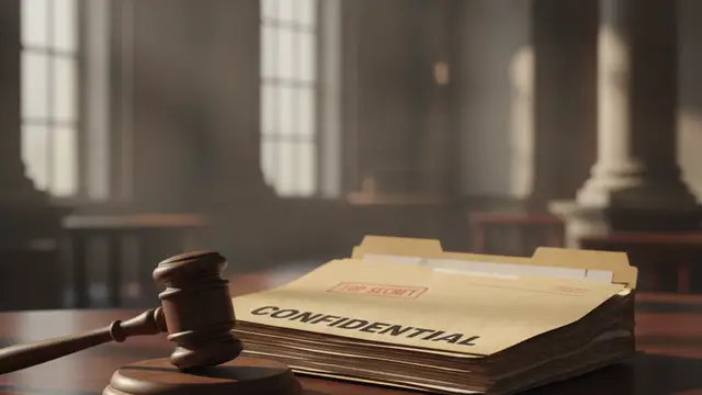 Confidential file and gavel on a desk, symbolizing justice and legal proceedings.