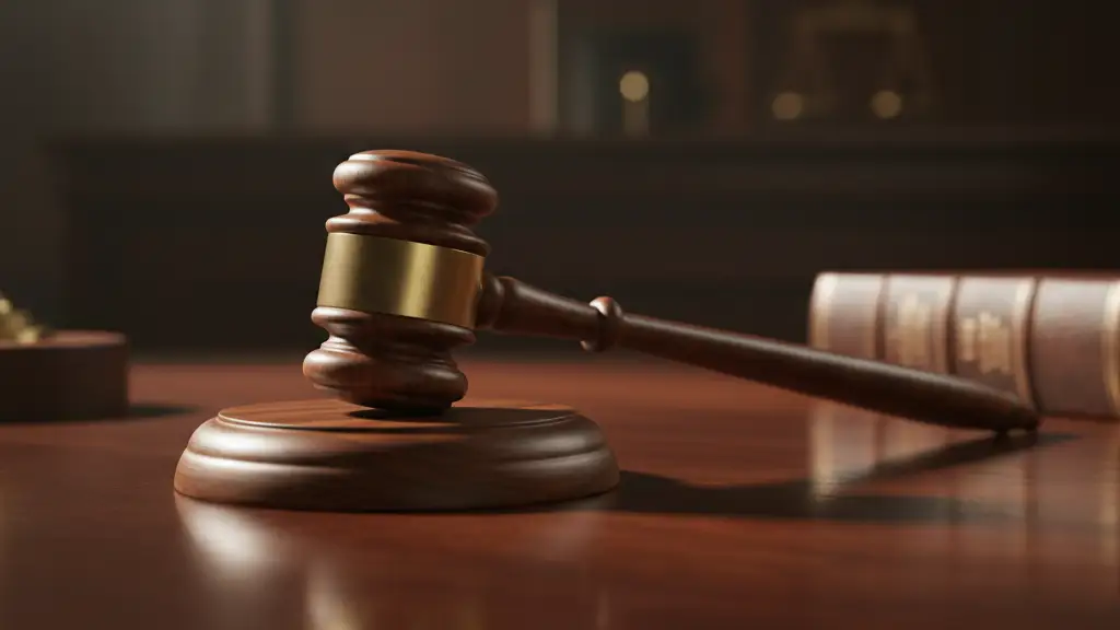 A wooden gavel and sound block resting on a desk in a courtroom setting.