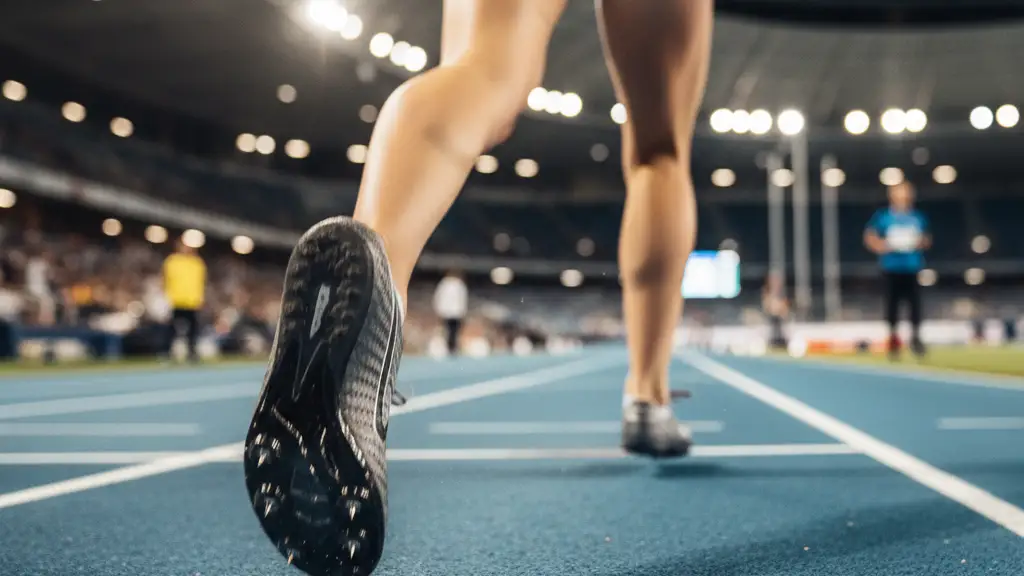 Close-up of running spikes on a blue indoor track with a blurred athlete in motion.