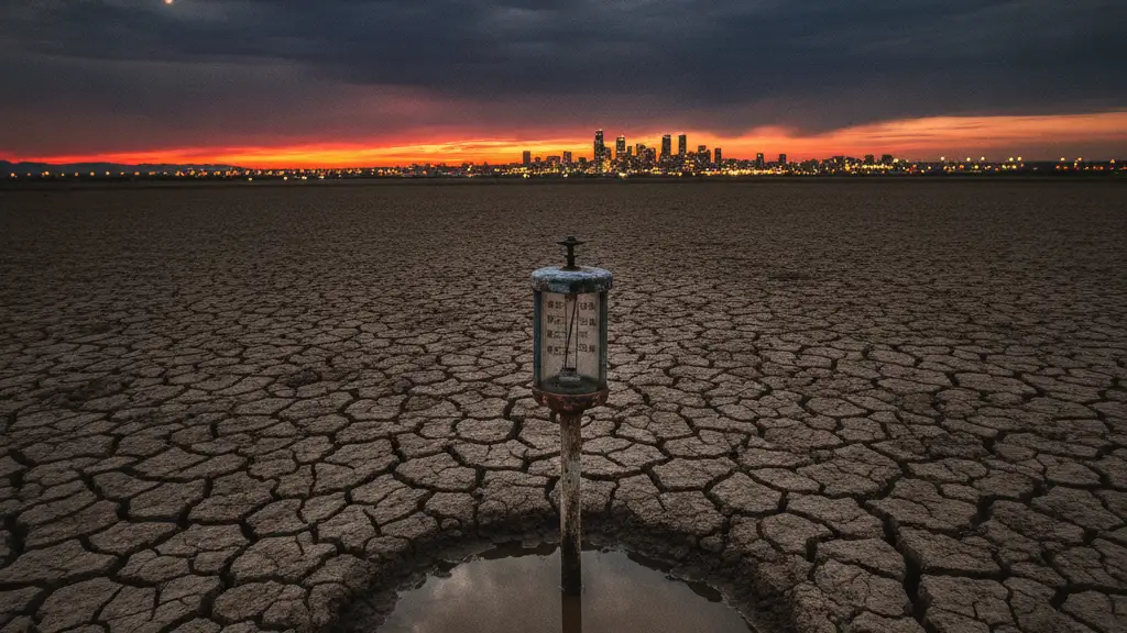 A lone rain gauge in a cracked, dry field under a dramatic, cloudy sky.