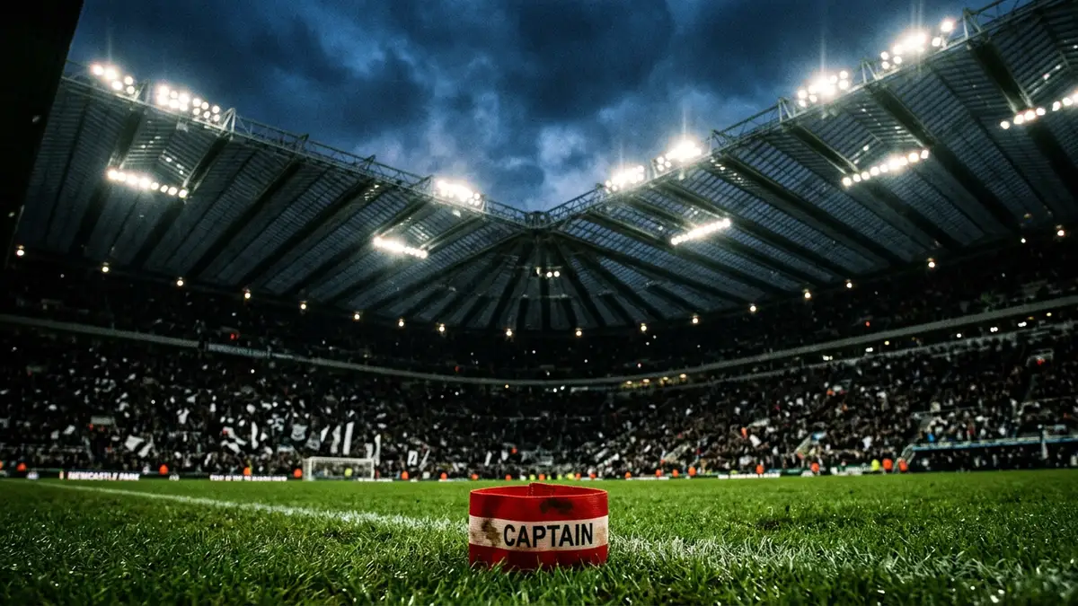 A discarded red captain's armband on a stadium pitch under bright floodlights at night.