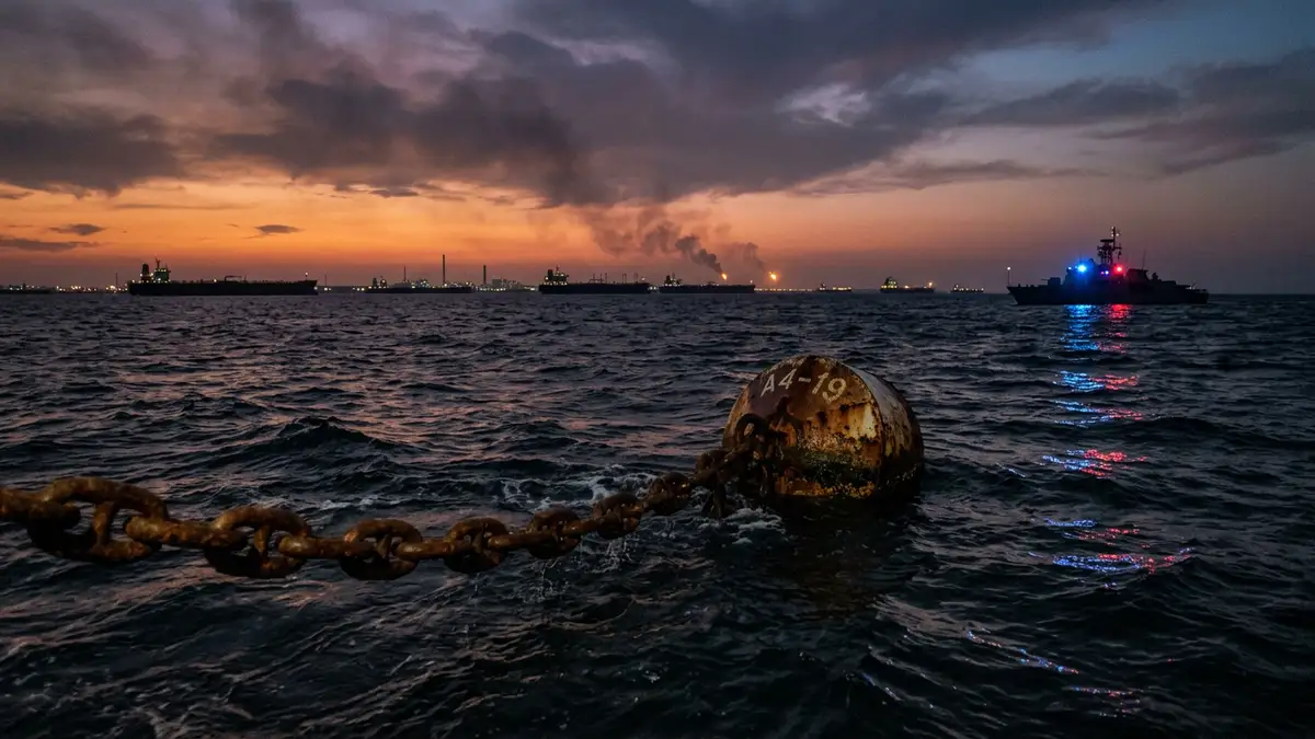 A heavy nautical chain in dark water with oil tanker silhouettes on a smoky horizon.