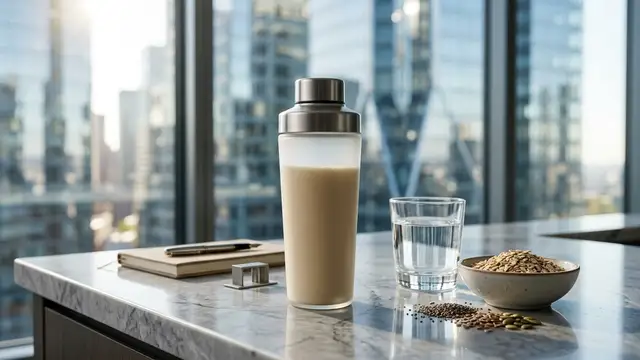 A minimalist meal replacement shaker and raw ingredients on a marble surface with a corporate background.