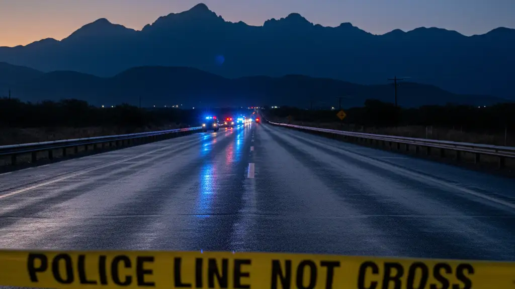 Yellow police tape across a deserted highway with blurred emergency lights in the distance.