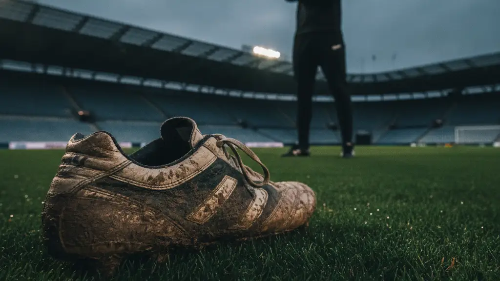 A muddy football boot on a green pitch, with a blurred figure in the background.