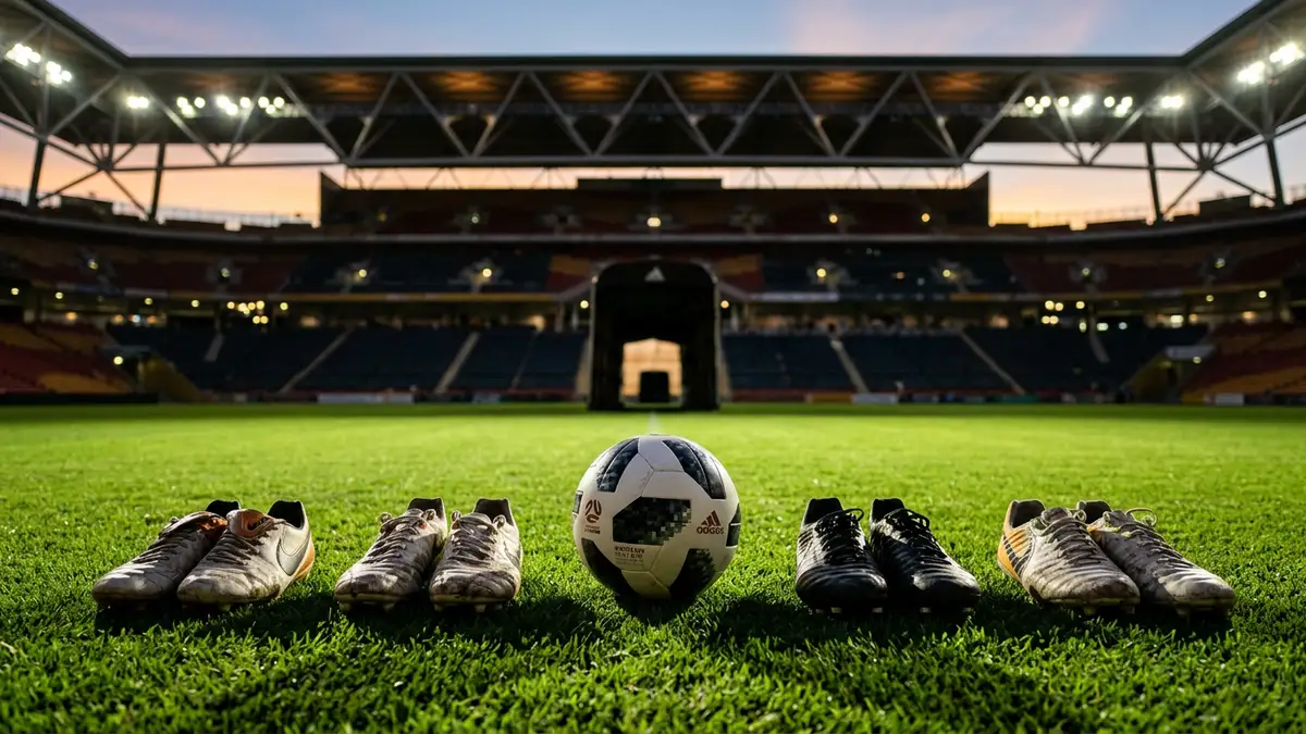 Football boots and a ball on a stadium pitch under bright floodlights at dusk.