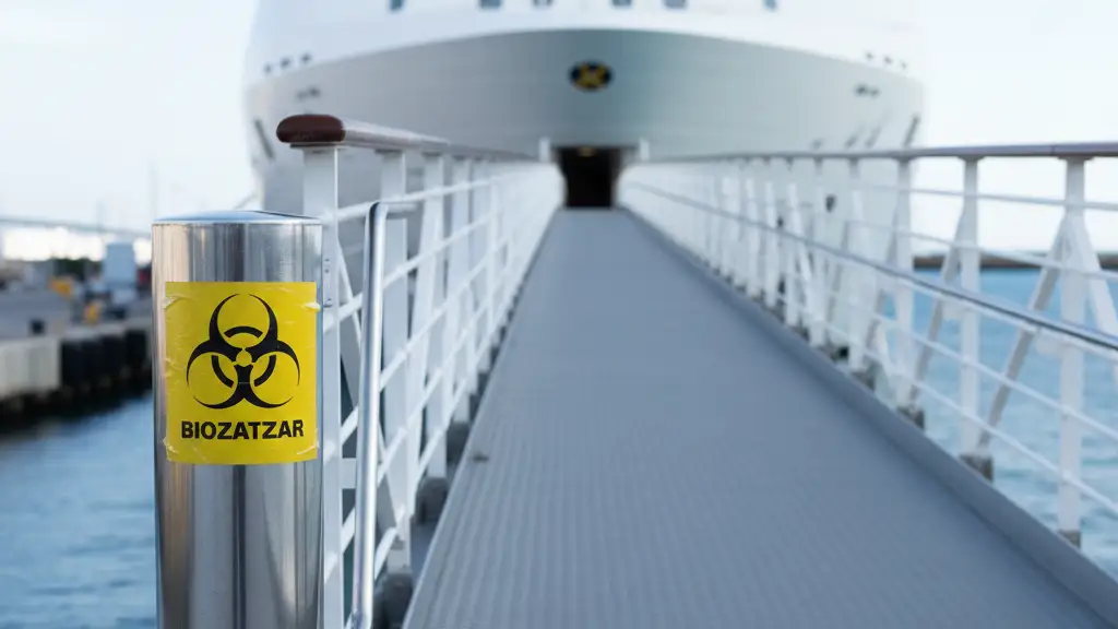 Deserted cruise ship gangway with a 'Biohazard' warning sign, sterile and brightly lit.