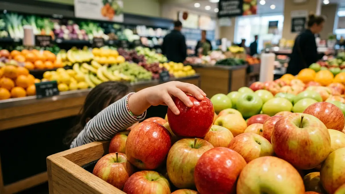 Child's hand reaching for a red apple in a colorful supermarket fruit display.
