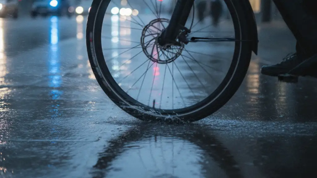 Blurred e-bike wheel on wet street, reflecting distant blue emergency lights.