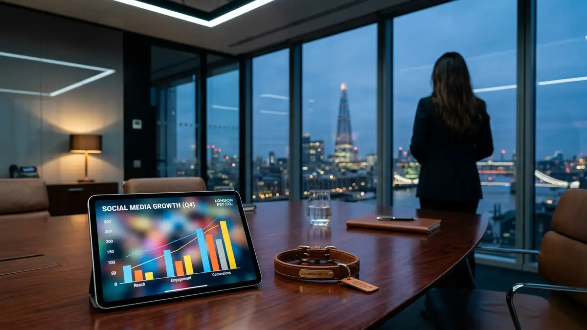 A corporate boardroom table with a tablet showing marketing data and a pet collar.