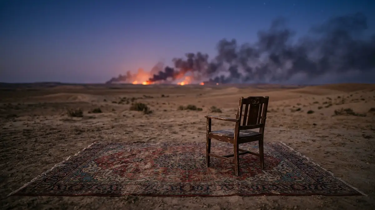 An empty chair on a rug in the desert with distant smoke on the horizon.