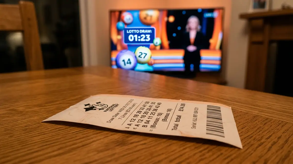 A close-up of a lottery ticket on a wooden table with a blurred background.