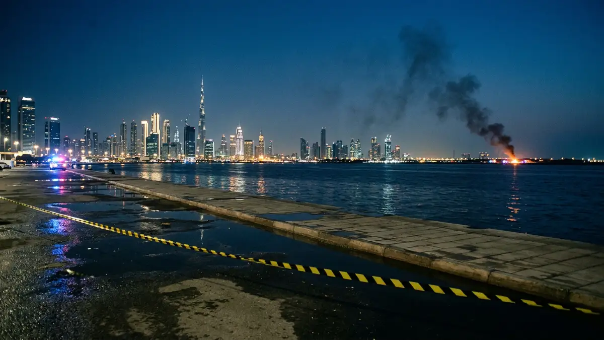 A night view of the Dubai skyline with smoke rising in the distance behind police tape.