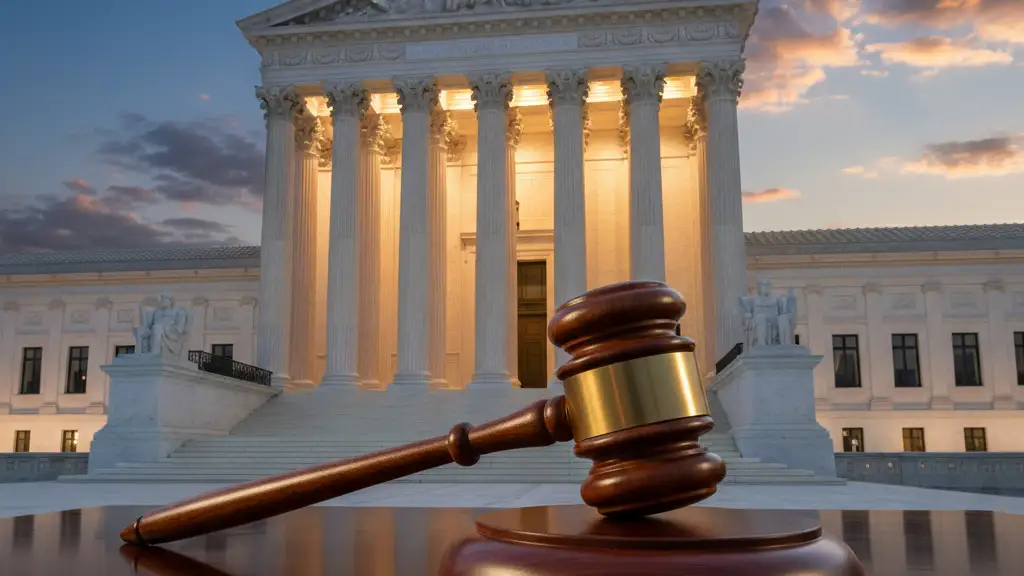 The United States Supreme Court building at dusk with a wooden gavel in the foreground.