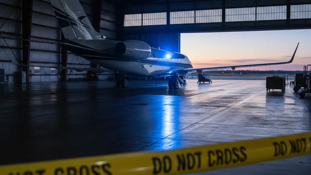 Police tape in the foreground with a private jet tail fin under blue emergency lights.