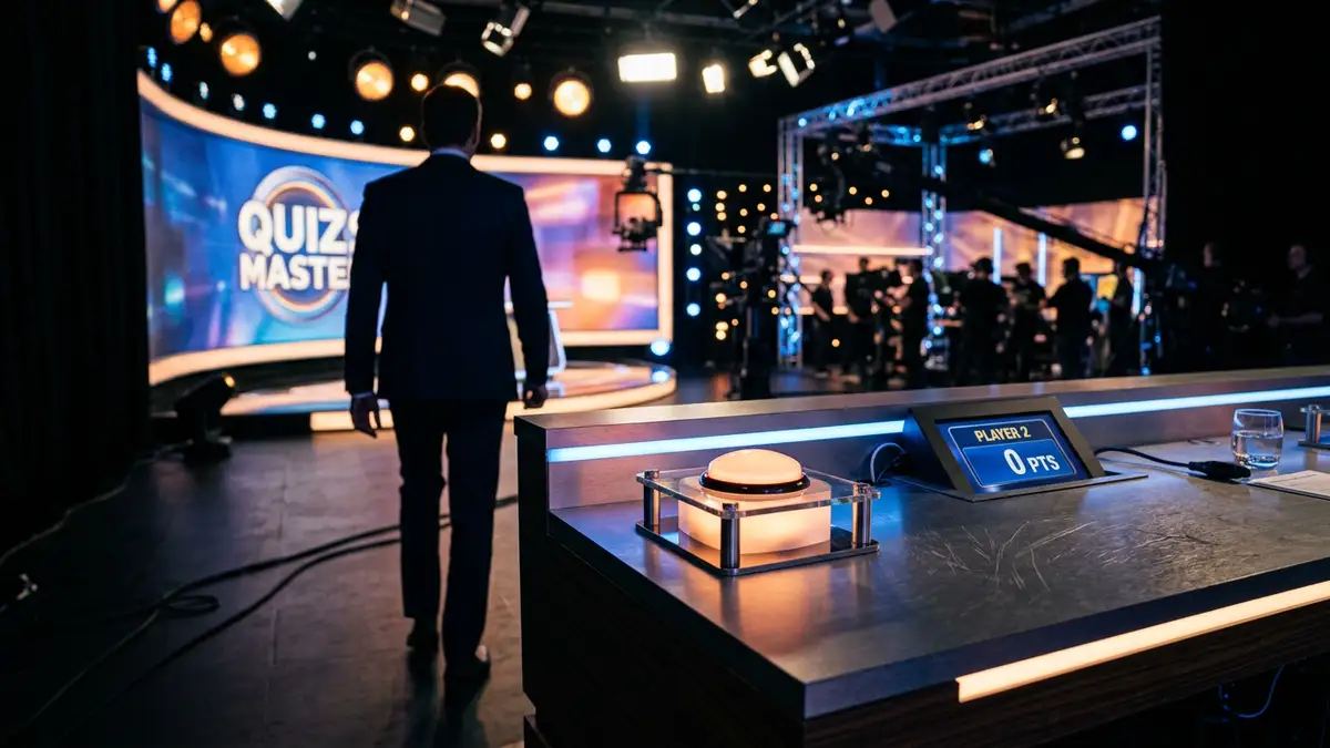 A silhouette of a host walking away from a glowing quiz show buzzer on stage.
