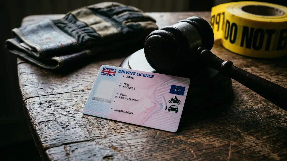 A driving licence on a wooden table next to a judge's gavel and police tape.