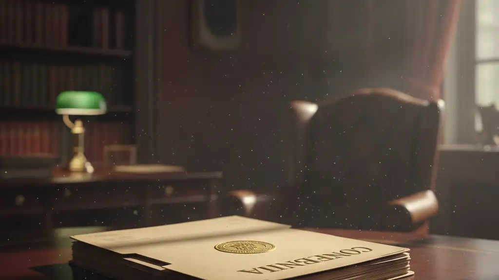 Confidential file folder on a mahogany desk, dramatically lit.