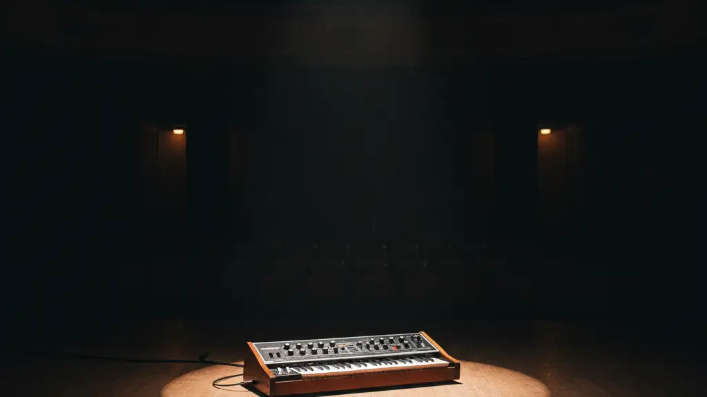 A lone vintage synthesizer on a dark, empty stage under a single spotlight.