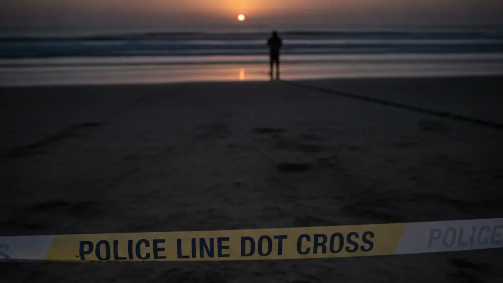 Yellow police tape on a beach at sunset, implying an investigation.