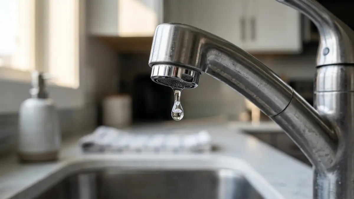 A close-up of a single water droplet hanging from a chrome kitchen faucet.