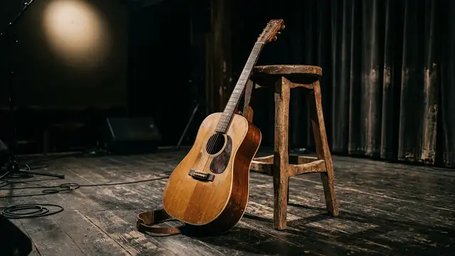 Acoustic guitar leaning on an empty stool on a dimly lit, rustic stage.