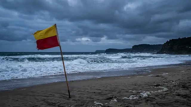 A solitary surf life-saving flag on a cloudy beach with crashing waves in the background.