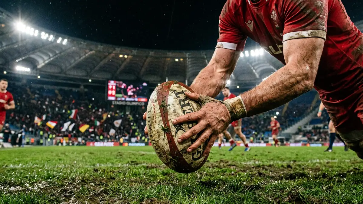 Close-up of a rugby ball held by a player in a red jersey on grass.